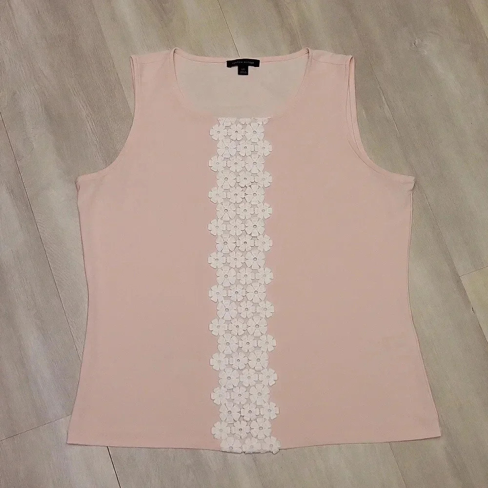 Tommy Hilfiger Pink Tank White Crocheted‎ Flowers Womens Size Large